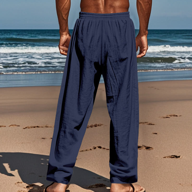 Buddha Stones Solid Color Buttons Drawstring Men's Cotton Pants With Pockets - image 2