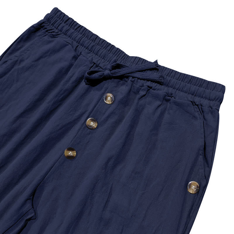 Buddha Stones Solid Color Buttons Drawstring Men's Cotton Pants With Pockets - image 4