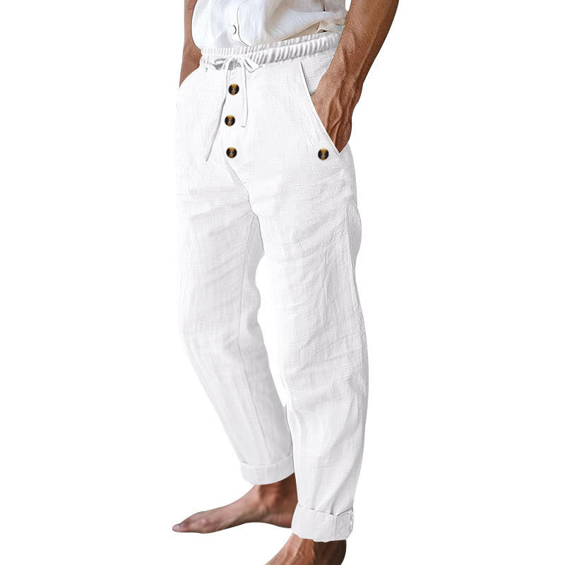 Buddha Stones Solid Color Buttons Drawstring Men's Cotton Pants With Pockets - image 10