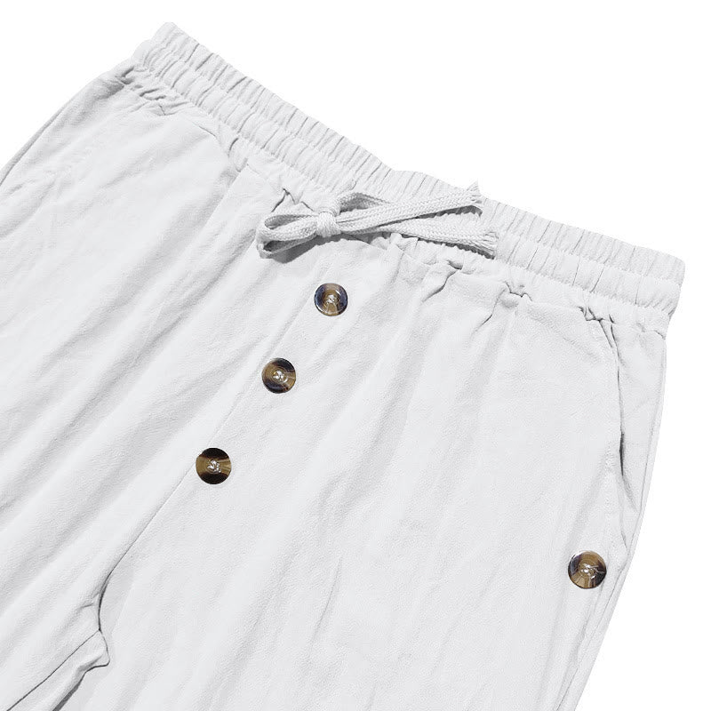 Buddha Stones Solid Color Buttons Drawstring Men's Cotton Pants With Pockets - image 11