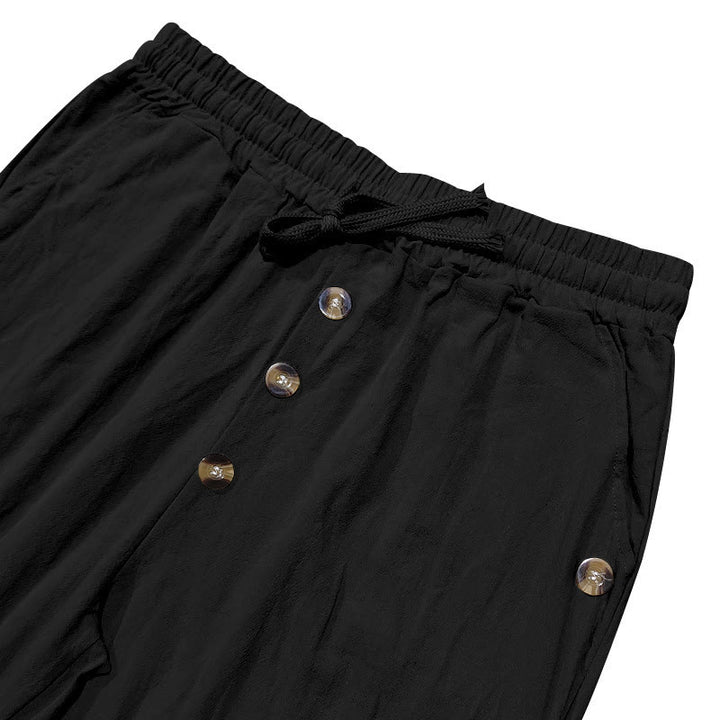Buddha Stones Solid Color Buttons Drawstring Men's Cotton Pants With Pockets - image 17
