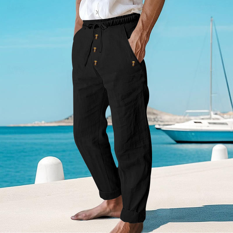 Buddha Stones Solid Color Buttons Drawstring Men's Cotton Pants With Pockets - image 15