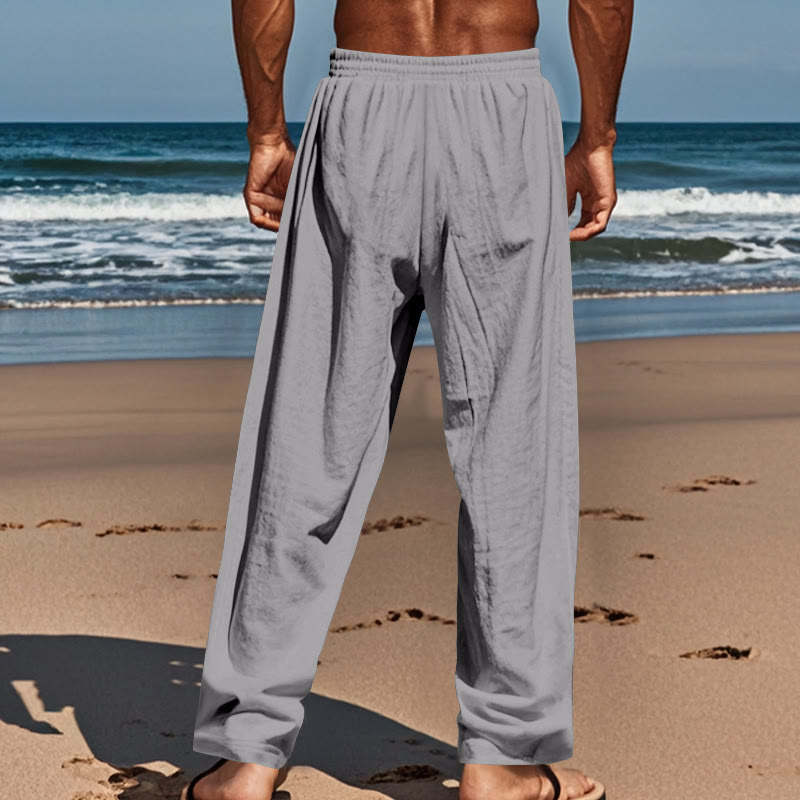Buddha Stones Solid Color Buttons Drawstring Men's Cotton Pants With Pockets - image 22