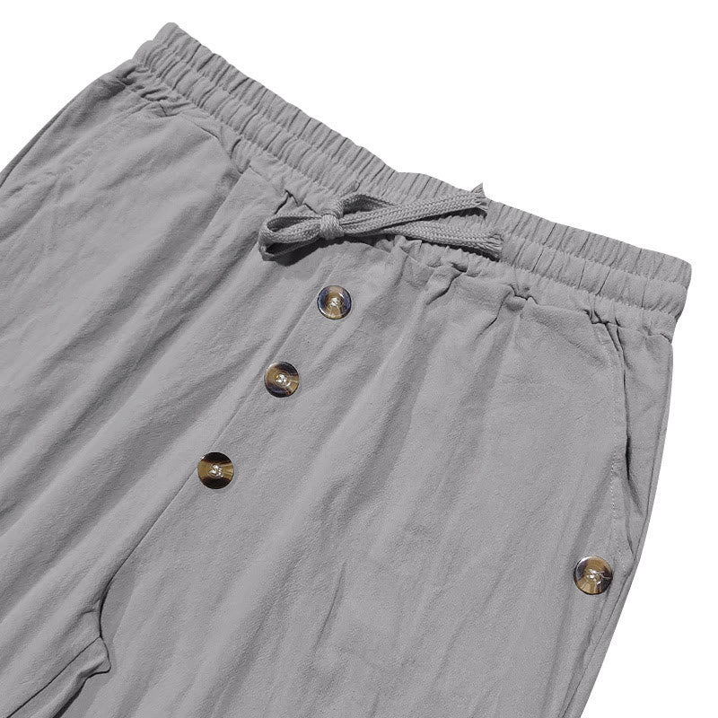Buddha Stones Solid Color Buttons Drawstring Men's Cotton Pants With Pockets - image 23