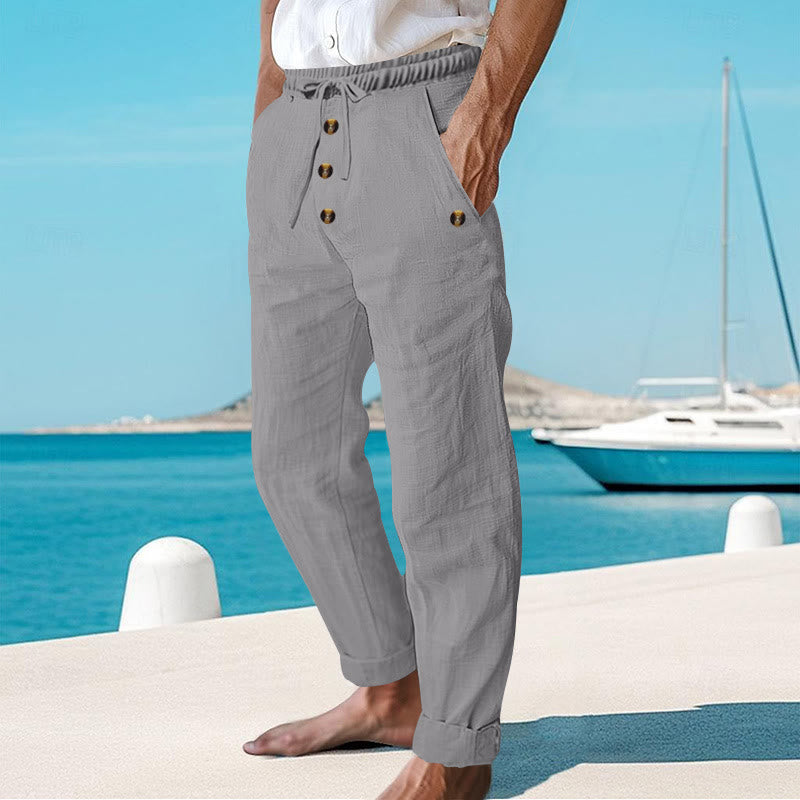 Buddha Stones Solid Color Buttons Drawstring Men's Cotton Pants With Pockets - image 21