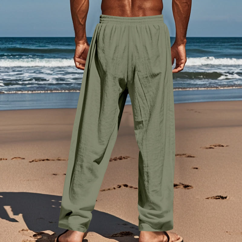 Buddha Stones Solid Color Buttons Drawstring Men's Cotton Pants With Pockets - image 28