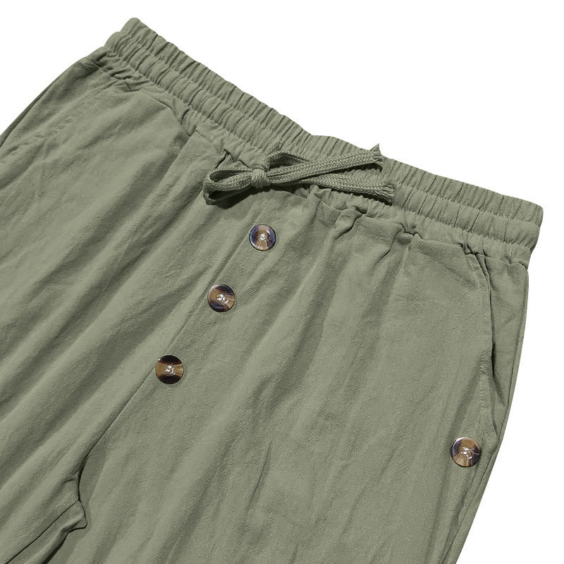 Buddha Stones Solid Color Buttons Drawstring Men's Cotton Pants With Pockets - image 30