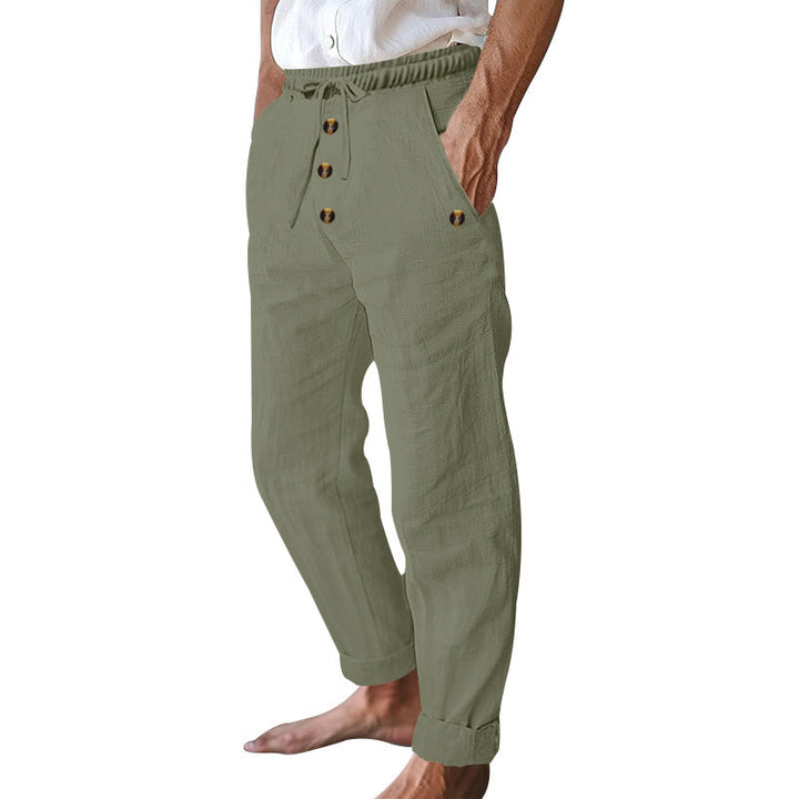 Buddha Stones Solid Color Buttons Drawstring Men's Cotton Pants With Pockets - image 29
