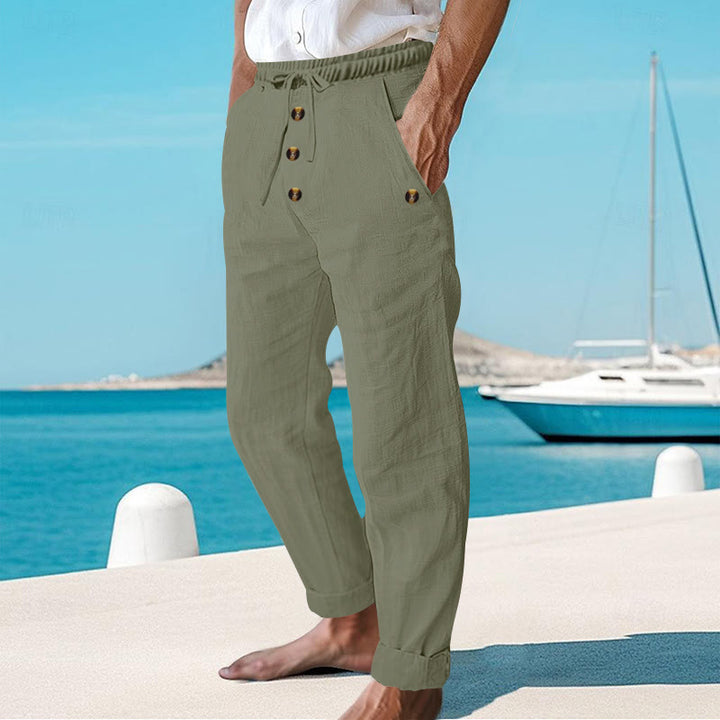 Buddha Stones Solid Color Buttons Drawstring Men's Cotton Pants With Pockets - image 27