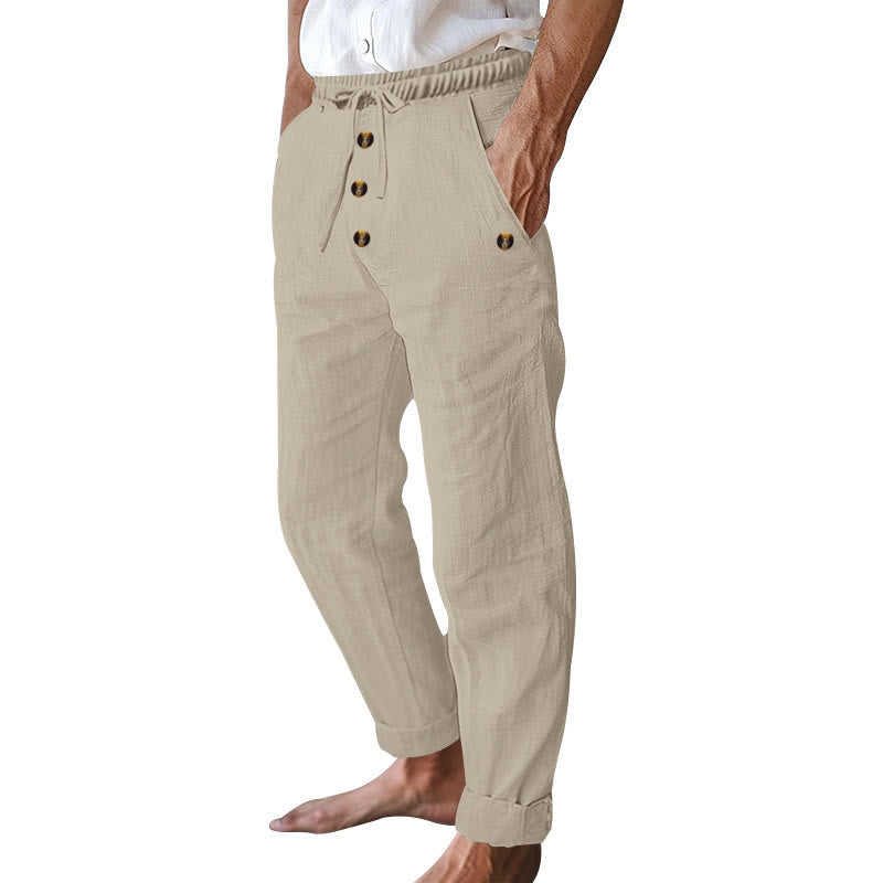 Buddha Stones Solid Color Buttons Drawstring Men's Cotton Pants With Pockets - image 36