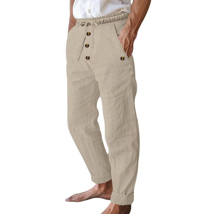 Buddha Stones Solid Color Buttons Drawstring Men's Cotton Pants With Pockets - image 36