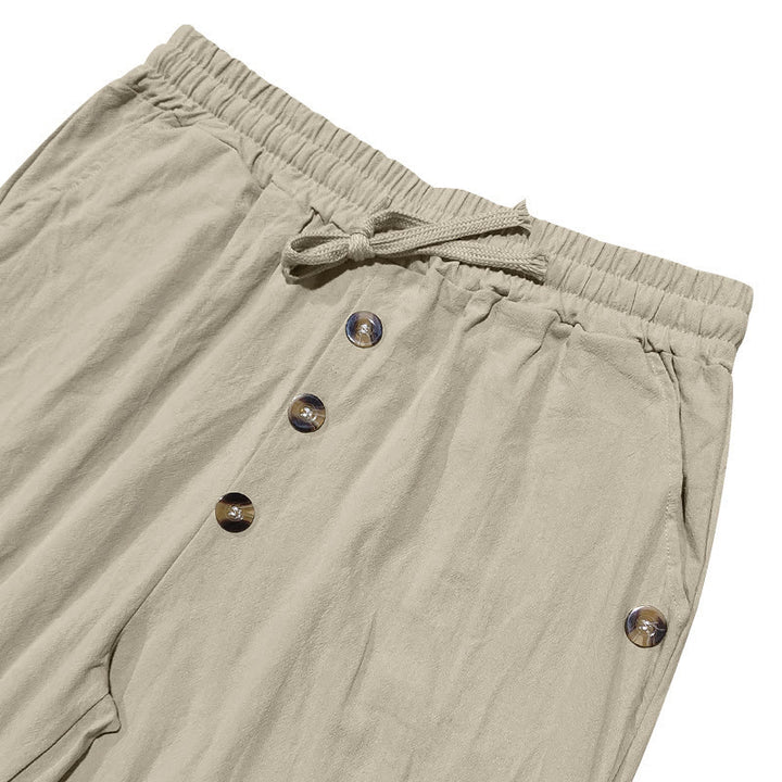 Buddha Stones Solid Color Buttons Drawstring Men's Cotton Pants With Pockets - image 37