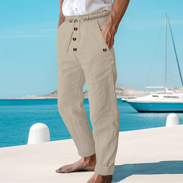 Buddha Stones Solid Color Buttons Drawstring Men's Cotton Pants With Pockets - image 34