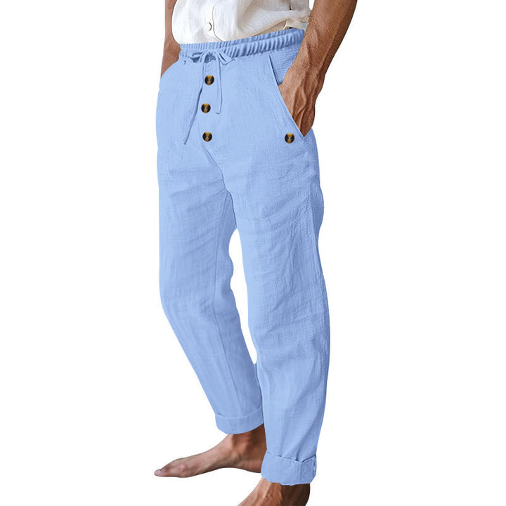 Buddha Stones Solid Color Buttons Drawstring Men's Cotton Pants With Pockets - image 43