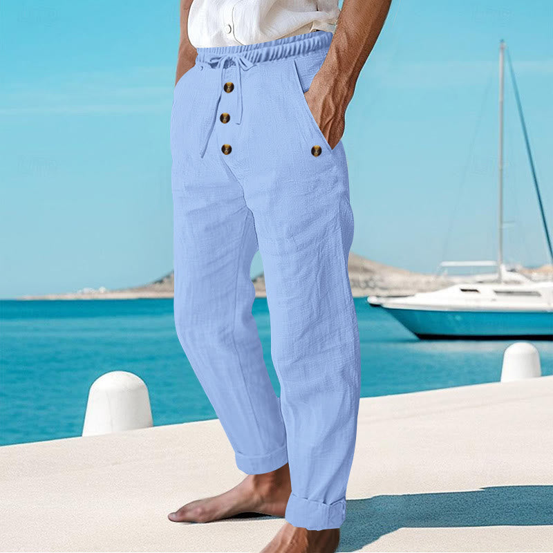 Buddha Stones Solid Color Buttons Drawstring Men's Cotton Pants With Pockets - image 41