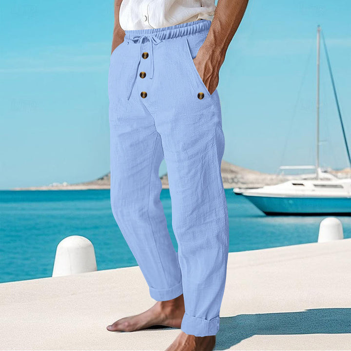 Buddha Stones Solid Color Buttons Drawstring Men's Cotton Pants With Pockets - image 41