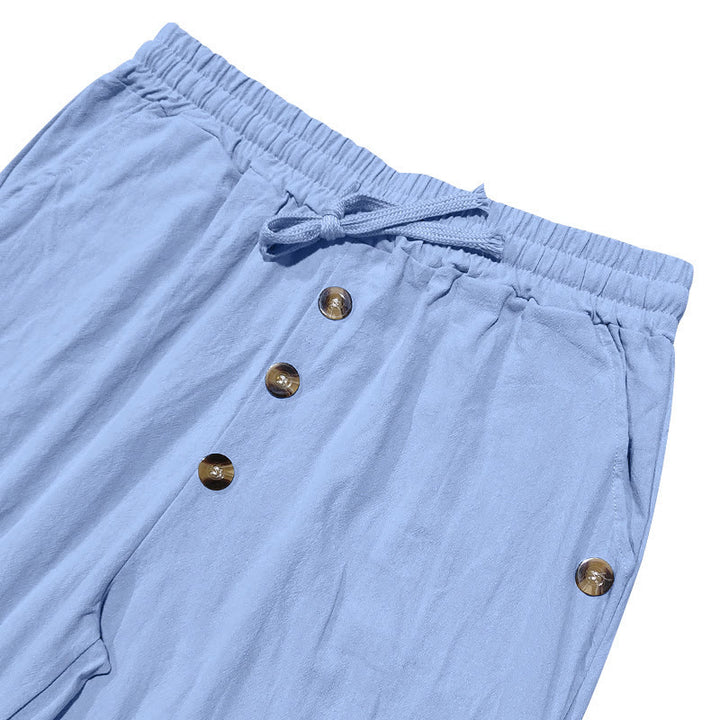 Buddha Stones Solid Color Buttons Drawstring Men's Cotton Pants With Pockets - image 44