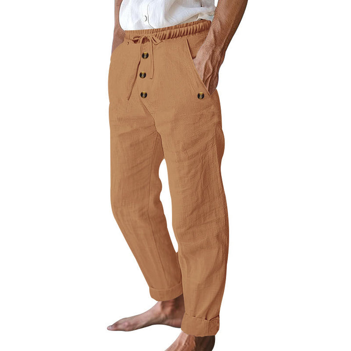 Buddha Stones Solid Color Buttons Drawstring Men's Cotton Pants With Pockets - image 50