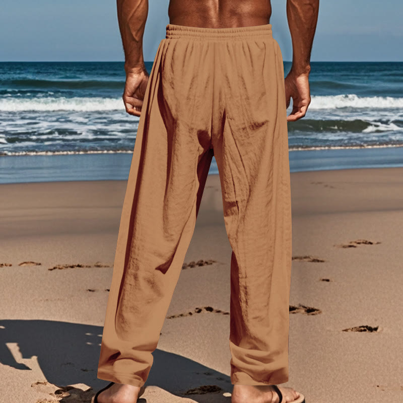 Buddha Stones Solid Color Buttons Drawstring Men's Cotton Pants With Pockets - image 49