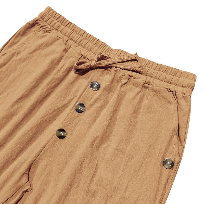 Buddha Stones Solid Color Buttons Drawstring Men's Cotton Pants With Pockets - image 51