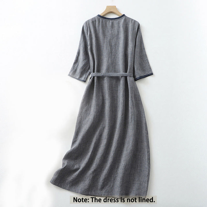 Buddha Stones Commute MidnightBlue Lace-Up Half Sleeve Design Cotton Linen Midi Dress With Pockets - image 1
