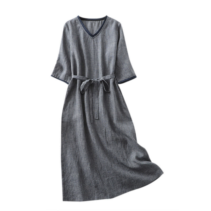 Buddha Stones Commute MidnightBlue Lace-Up Half Sleeve Design Cotton Linen Midi Dress With Pockets - image 12