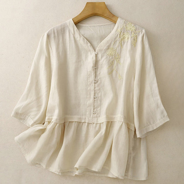 Buddha Stones Embroiderd Front Button Design Women's Cotton Three Quarter Sleeve Shirt  - OldLace - US8-10，UK/AU12-14，EU40-42 (2XL) - image 12