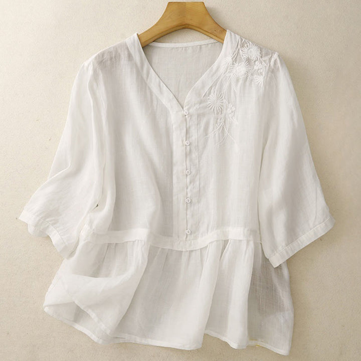 Buddha Stones Embroiderd Front Button Design Women's Cotton Three Quarter Sleeve Shirt  - Snow - US8-10，UK/AU12-14，EU40-42 (2XL) - image 6
