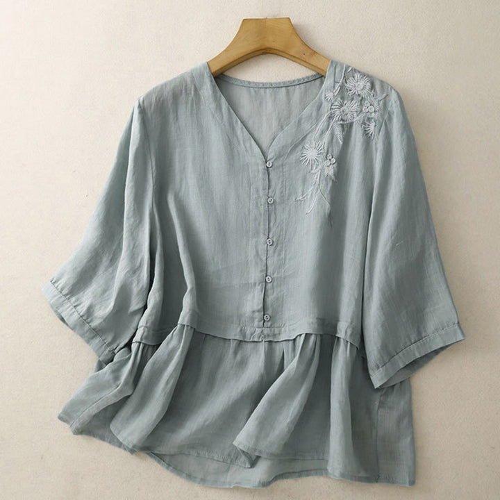 Buddha Stones Embroiderd Front Button Design Women's Cotton Three Quarter Sleeve Shirt  - PowderBlue - US8-10，UK/AU12-14，EU40-42 (2XL) - image 0