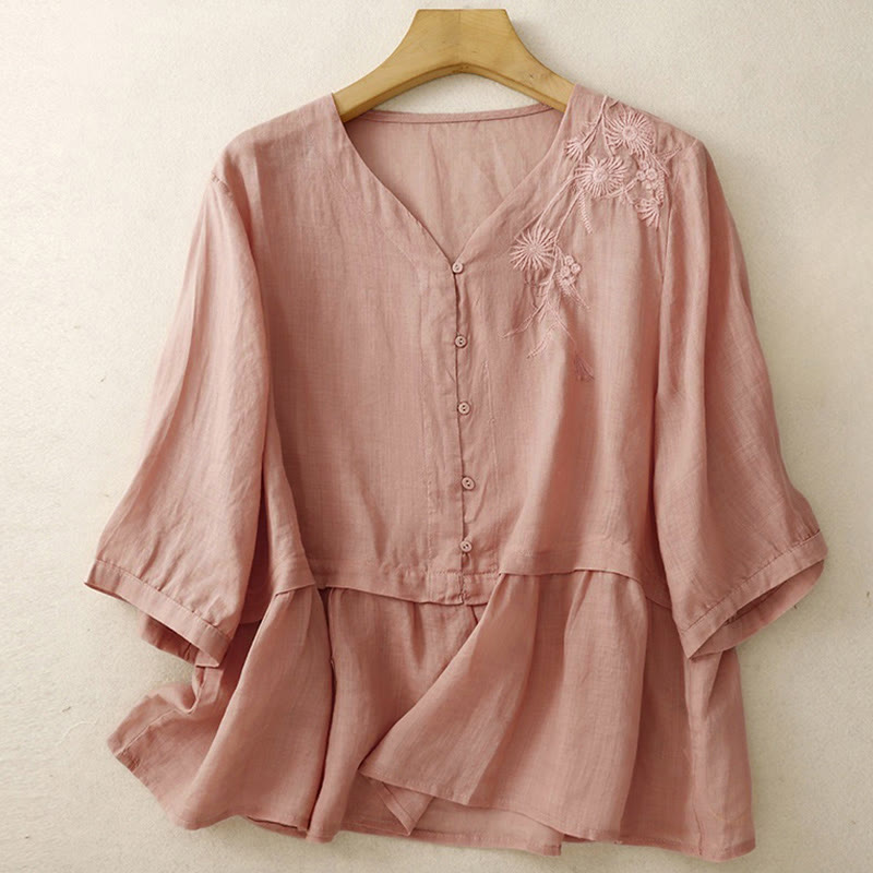 Buddha Stones Embroiderd Front Button Design Women's Cotton Three Quarter Sleeve Shirt  - LightPink - US8-10，UK/AU12-14，EU40-42 (2XL) - image 21
