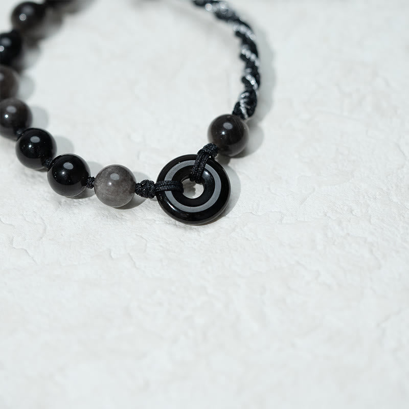 Buddha Stones Natural Black Obsidian Peace Buckle Purification Black Rope Bracelet - image 4