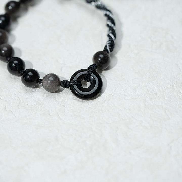 Buddha Stones Natural Black Obsidian Peace Buckle Purification Black Rope Bracelet - image 4