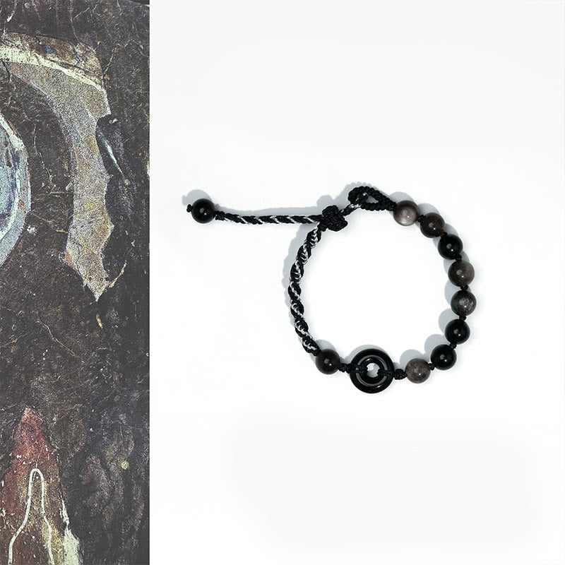 Buddha Stones Natural Black Obsidian Peace Buckle Purification Black Rope Bracelet - Black Obsidian Peace Buckle (Wrist Circumference:15-22cm) - image 0