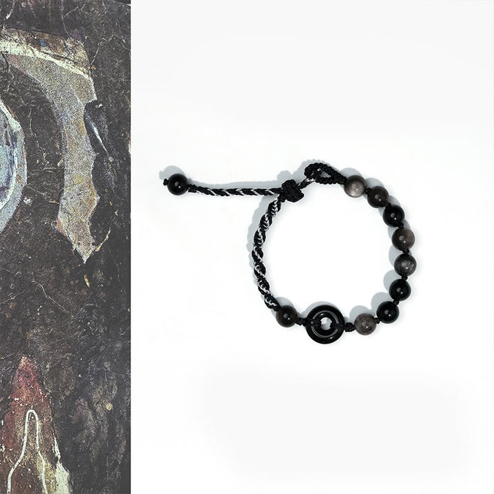 Buddha Stones Natural Black Obsidian Peace Buckle Purification Black Rope Bracelet - Black Obsidian Peace Buckle (Wrist Circumference:15-22cm) - image 0