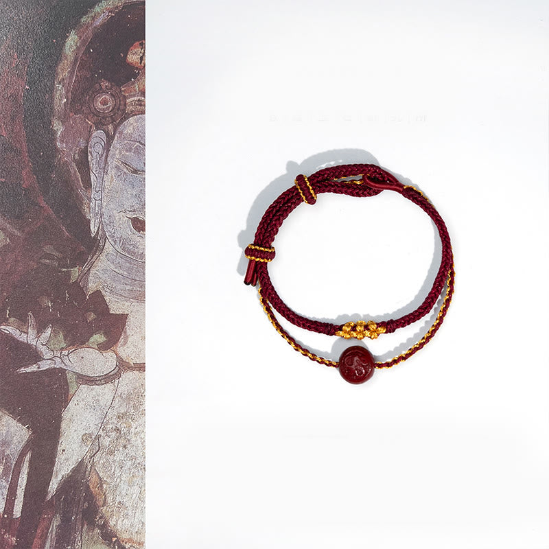 Buddha Stones Peach Blossom Knot Cinnabar Beads Eight-strand Braid Blessing Bracelet - Red Rope & Cinnabar(Wrist Circumference:15-22cm) - image 0