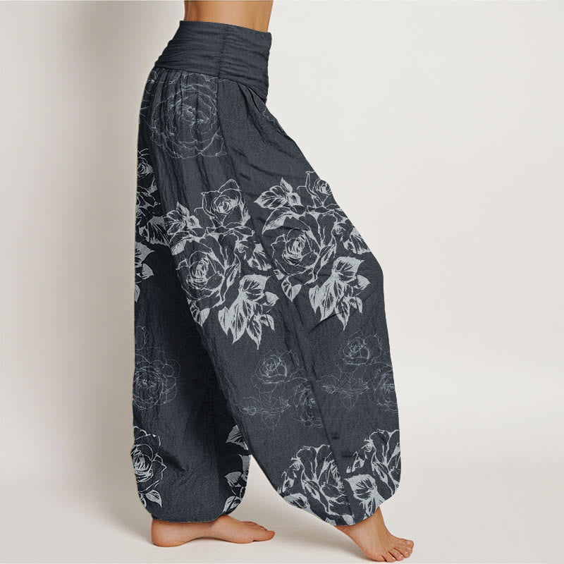 Buddha Stones Pure Cotton Casual Rose Peony Flowers Women's Elastic Waist Harem Pants - image 1