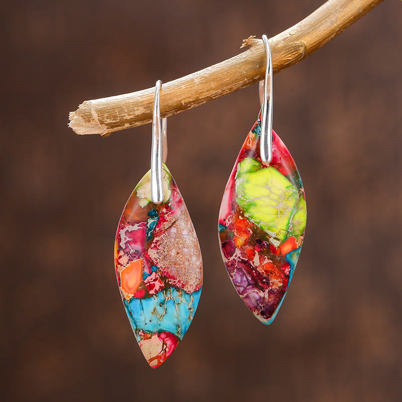 Buddha Stones Natural Emperor Stone Water Drop Leaf Shape Happiness Earrings - Green Emperor Stone(Copper Posts) - image 0