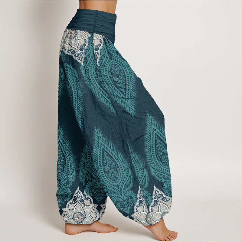 Buddha Stones Pure Cotton Casual Feather Flower Design Women's Elastic Waist Harem Pants - image 1