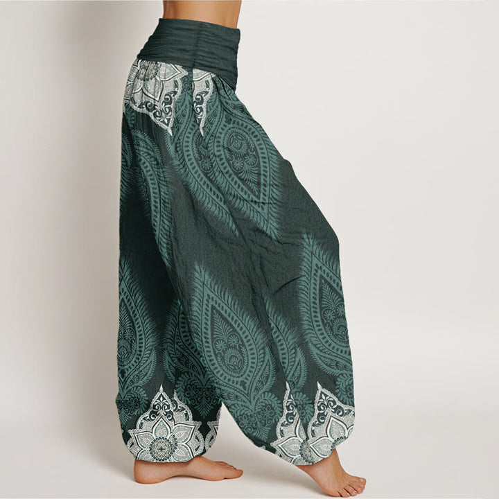 Buddha Stones Pure Cotton Casual Feather Flower Design Women's Elastic Waist Harem Pants - image 6