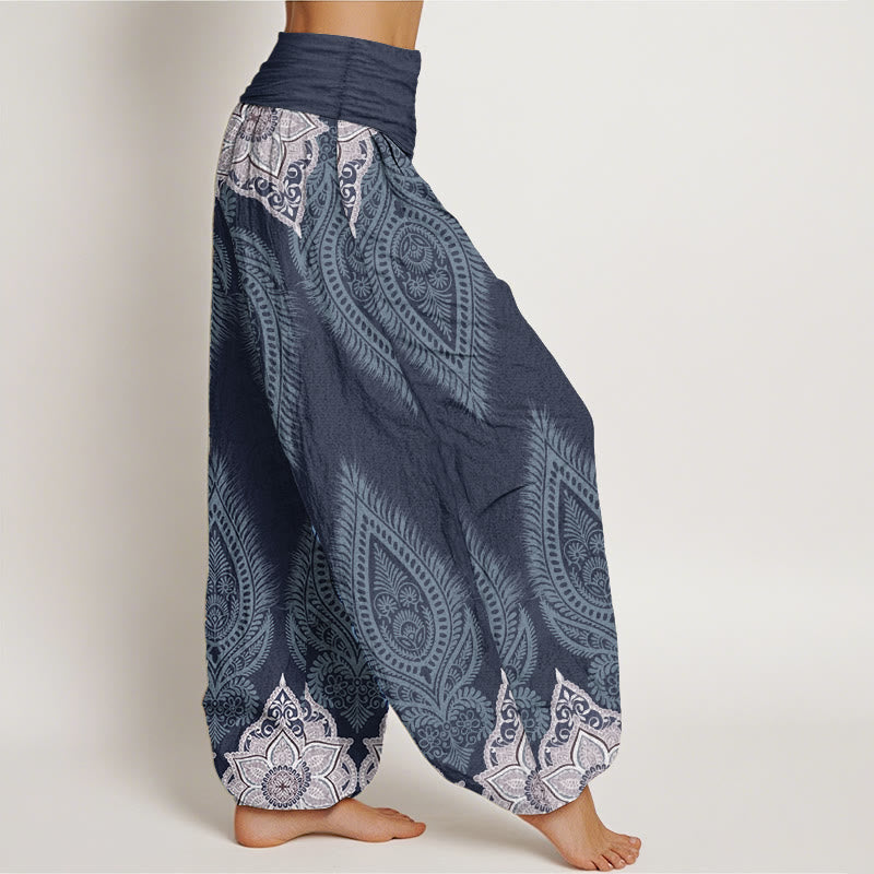 Buddha Stones Pure Cotton Casual Feather Flower Design Women's Elastic Waist Harem Pants - image 9