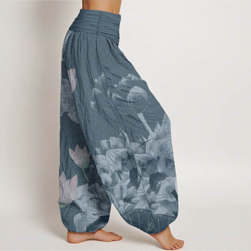 Buddha Stones Pure Cotton Pink And White Lotus Women's Elastic Waist Harem Pants - image 7