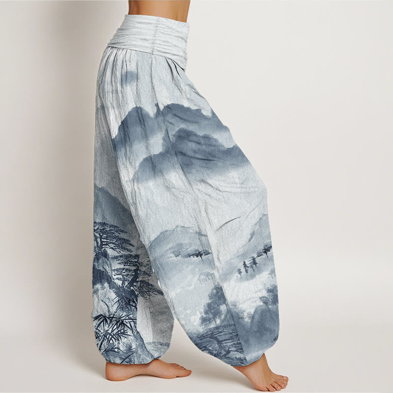 Buddha Stones Pure Cotton Mountains Trees Landscape Ink Painting Women's Elastic Waist Harem Pants - image 6