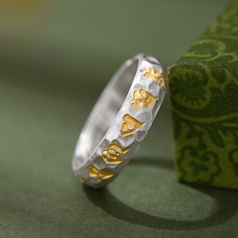Buddha Stones Hammer Pattern Om Mani Padme Hum Copper Plated Silver Wealth Ring - image 10