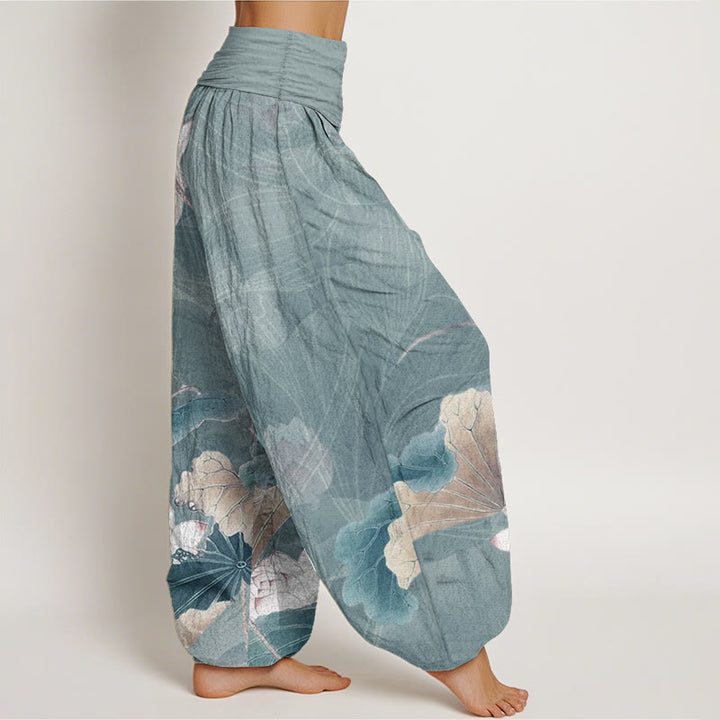 Buddha Stones Pure Cotton Lotus Flowers Leaves Pattern Women's Elastic Waist Harem Pants - image 2