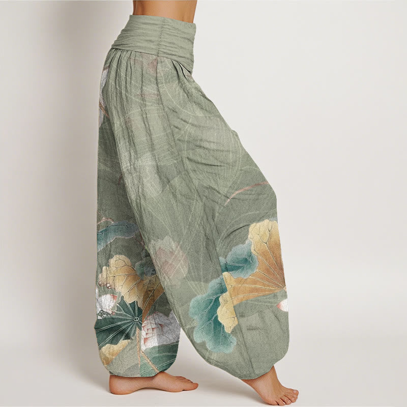 Buddha Stones Pure Cotton Lotus Flowers Leaves Pattern Women's Elastic Waist Harem Pants - image 7