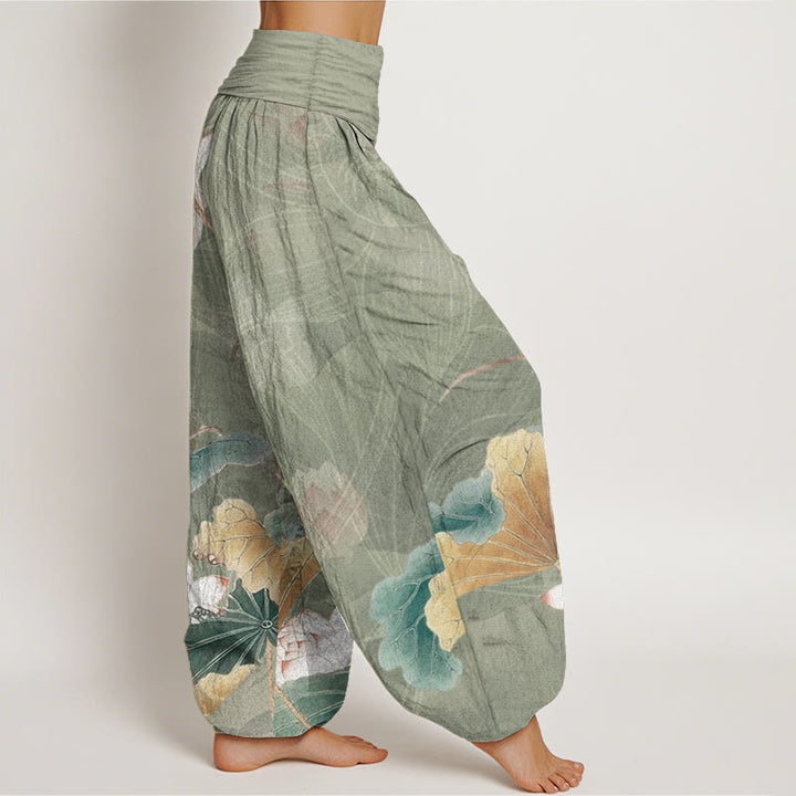 Buddha Stones Pure Cotton Lotus Flowers Leaves Pattern Women's Elastic Waist Harem Pants - image 7