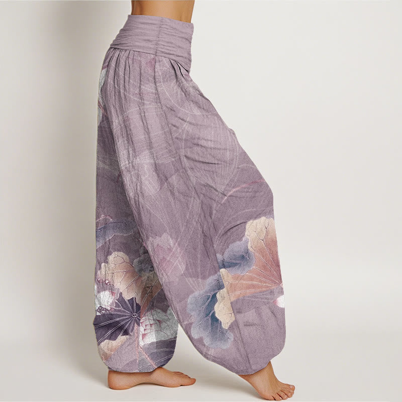 Buddha Stones Pure Cotton Lotus Flowers Leaves Pattern Women's Elastic Waist Harem Pants - image 10