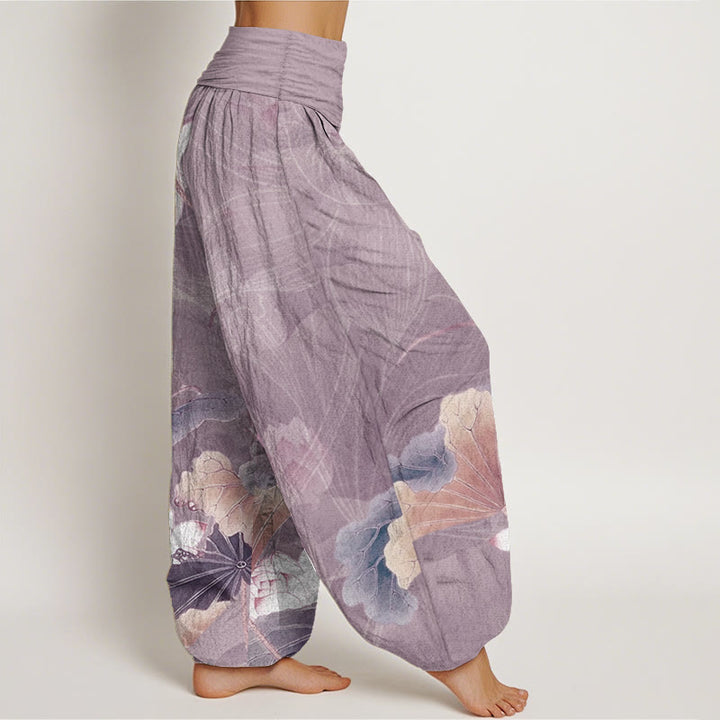 Buddha Stones Pure Cotton Lotus Flowers Leaves Pattern Women's Elastic Waist Harem Pants - image 10