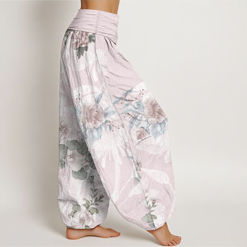 Buddha Stones Pure Cotton Flowers White Leaves Women's Elastic Waist Harem Pants - image 2