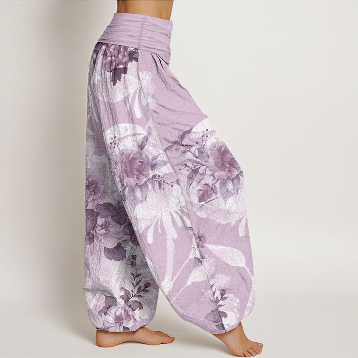 Buddha Stones Pure Cotton Flowers White Leaves Women's Elastic Waist Harem Pants - image 10